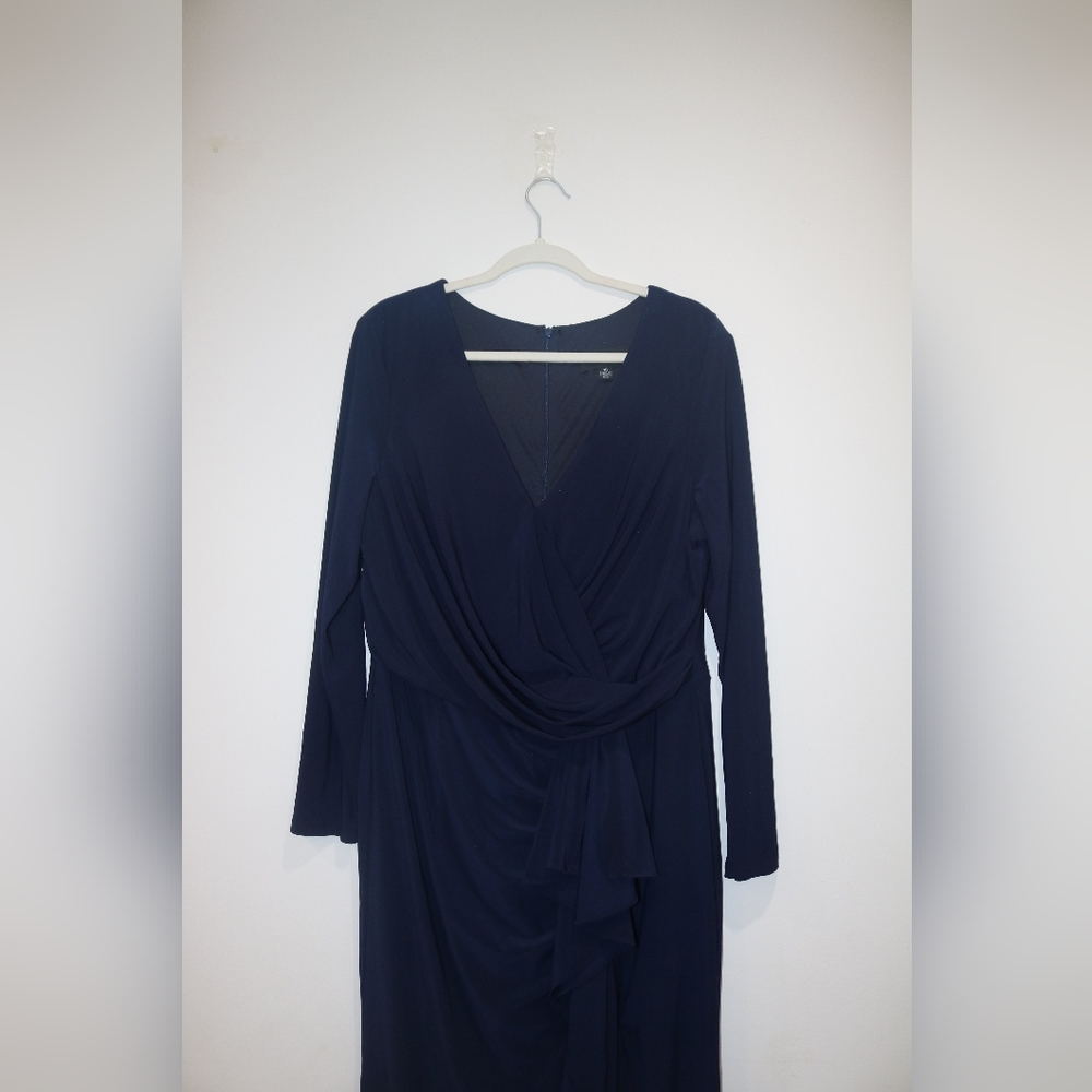 Betsy & Adam Ruffled Side-Slit Gown - Navy Blue - Picture 3 of 8